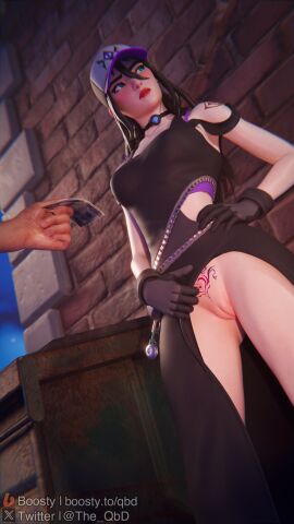 3d alternate_version_available blush choker clothed clothed_female clothing female female_focus flashing flashing_pussy fortnite frown gloves hat looking_away mostly_clothed mostly_clothed_female offering_money presenting presenting_pussy pussy pussy_tattoo shiny shiny_clothes shiny_hair shiny_skin spirit_hunter_saeko_(fortnite) tattoo tattoos the_qbd