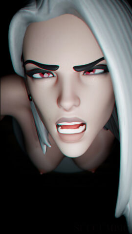 3d ahe_gao ashe_(overwatch) breasts female glory_wall immobile immobilization open_mouth overwatch overwatch_2 red_eyes small_breasts stuck stuck_in_wall succumbic white_hair