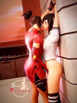 3d 3d_(artwork) asian asian_female black_hair breasts clothed demi_(fortnite) dress female female_focus fingering fingering_partner fortnite fortnite:_battle_royale gloves highres kissing lesbian_kiss light-skinned_female light_skin looking_at_partner looking_pleasured masturbating_other masturbation partially_clothed partially_clothed_female pinned pinned_to_wall pleasure_face ponytail pressing_breasts_together prosthetic prosthetic_arm pussy red_dress robotic_arm school_uniform sorrenpalace stockings trash_can tsuki_(fortnite) vulva_handjob yuri