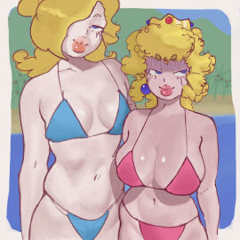2024 2d 2d_(artwork) 2girls adych beach big_breasts big_lips bikini bikini_bottom bikini_top blonde_hair blue_eyes blue_sky breasts crown curly_hair ear_piercing earrings female female_only huge_breasts light-skinned_female light_skin lips long_hair looking_at_viewer looking_pleasured mario_(series) mother_daughter_boob_envy_(meme) nintendo pale-skinned_female pale_skin princess_peach princess_rosalina sand sea shiny_breasts shiny_skin summer super_mario_bros. taller_female thighs water white-skinned_female white_skin white_skinned_female yellow_hair