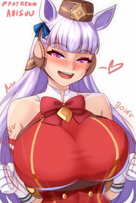 1girls animal_ears anisdrawn big_breasts blunt_bangs blush bouncing_breasts bow bowtie breasts dress ear_bow female gloves gold_ship_(umamusume) grey_hair hat hi_res horse_ears horse_girl large_breasts long_hair looking_at_viewer open_mouth pillbox_hat purple_eyes red_dress school_uniform shirt simple_background smile solo solo_female solo_focus umamusume upper_body