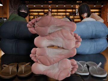 2girls 3d alani_(saltoxicdue3d) ass big_ass big_breasts big_butt black_hair breasts clothing curvaceous curvy curvy_figure face_mask female female_only flip_flops foot_fetish footprint_on_sandals fully_clothed grey_eyes hair_over_eyes huge_ass huge_breasts jericho_(saltoxicdue3d) long_hair looking_at_viewer mask meaty_soles on_side saltoxicdue3d sandals short_hair soles tagme thick_thighs toe_ring voluptuous voluptuous_female wide_hips