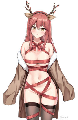 1girls absurd_res absurdres antler_headband antlers bare_belly bare_chest bare_hips bare_navel bare_shoulders bare_skin bare_thighs belly belly_button black_legwear black_thighhighs blush blush_lines blushing_at_viewer blushing_female breasts brown_coat brown_jacket christmas christmas_clothing christmas_headwear christmas_outfit cleavage cleft_of_venus coat collarbone curvy curvy_body curvy_female curvy_figure curvy_hips curvy_thighs dot_nose elbows eyebrows_visible_through_hair female female_focus female_only groin hair_between_eyes half_naked head_tilt high_resolution highres hourglass_figure jacket kaetzchen legs legwear light-skinned_female light_skin liliya_(kaetzchen) long_hair looking_at_viewer medium_breasts mole mole_on_breast naked naked_female navel nude nude_female off_shoulder open_mouth original original_art original_artwork original_character parted_lips pussy red-haired_female red_hair reindeer_antlers reindeer_costume reindeer_ears shoulders simple_background slender_body slender_waist slim_female slim_waist solo standing thick_thighs thigh_gap thighhighs thighs thin_waist tilted_head upper_body v-line white_background wide_hips yellow-eyed_female yellow_eyes