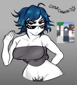 1girls artist_name belly_button black_eyes blue_hair breasts cleavage clothing female female_only looking_at_viewer midriff no_visible_genitalia pubic_hair pussy_hair reference_image roblox roblox_avatar robloxian short_hair solo source_request st4rcannon stomach straight_face sunglasses tagme tubetop white_skin
