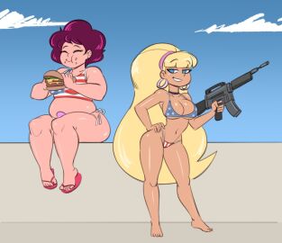 2girls 4th_of_july american_flag_bikini assault_rifle barefoot bikini bikini_only blonde_hair blue_eyes burger chubby chubby_female cleavage clothing clouds crossover curvy_female disney disney_channel disney_xd eating eyes_closed female female_only firearm fit fit_female full_body gem_(species) gemsona gravity_falls hair_ornament hairband hamburger headband holding_weapon hoop_earrings hourglass_figure human human_skin legs light-skinned_female light_skin long_hair machine_gun maroon_hair multiple_females multiple_girls narrow_waist navel nora_quartz_universe oiled_body outdoors outside overweight pacifica_northwest puffy_hair rifle rule_63 samson_00 sandals shiny_skin short_hair side-tie_bikini_bottom sitting sky smiling standing steven_universe swimsuit swimwear tan tanned_female tanned_skin thick thick_thighs toes very_long_hair weapon white_female