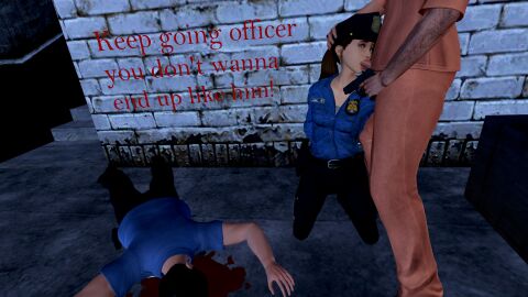 1boy 1girls 3d blowjob bound_arms captured cop cop_outfit corpse criminal death fear female forced_at_gunpoint forced_fellatio forced_oral gun gunpoint handcuffed hands_behind_back kneeling male male_death murderer oral_rape penis penis_in_mouth peril police police_hat police_officer police_uniform policewoman prisoner rapist sexual_assault straight tears threatening threatening_with_weapon tied_hands violence weapon wide_eyed