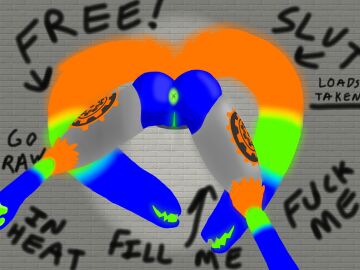 4:3 animal_genitalia anthro anus ass blue_body blue_fur digital_media_(artwork) fur futanari genital_slit genitals glowing glowing_anus glowing_body glowing_fur glowing_mouth glowing_slit graffiti green_body green_fur hi_res intersex living_tail machine multi_tail orange_body orange_fur pawpads protogen protogen_armor public public_use solo sprocket_(sprocket_the_proto) sprocket_the_proto tail through_wall unusual_anatomy unusual_tail