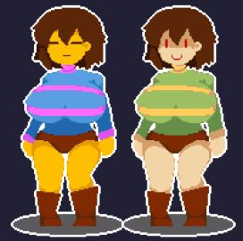 2d 2girls big_breasts boots breasts brown_hair chara chara_(undertale) female female_chara female_frisk female_only frisk frisk_(undertale) human human_female human_only pixel_art red_eyes short_shorts similar_looking small_waist sweater turtleneck_sweater undertale undertale_(series)