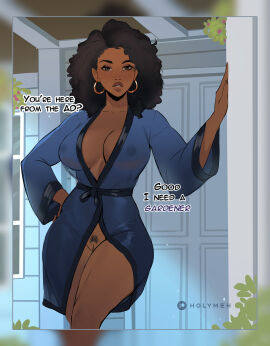 1girls 2d bathrobe blush boni_(holymeh) breasts brown_eyes brown_hair curly_hair dark-skinned_female dark_skin earrings exposed_pussy female holymeh large_breasts leaning nipples_visible_through_clothing original_character pubic_hair pussy see-through text thighs vagina