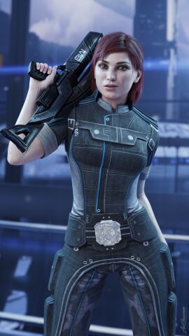 3d aw-gazzam blender blender_(software) femshep gun jane_shepard mass_effect pinup red_hair solo solo_female white_body