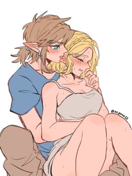 1boy 1girls aorin bare_legs big_breasts blonde_hair blush breasts closed_eyes elf elf_ears elf_female embarrassed embarrassed_female embrace female hugging legs_together legs_up licking licking_ear link link_(tears_of_the_kingdom) male princess_zelda sleeveless_shirt tears_of_the_kingdom the_legend_of_zelda wholesome zelda_(tears_of_the_kingdom)
