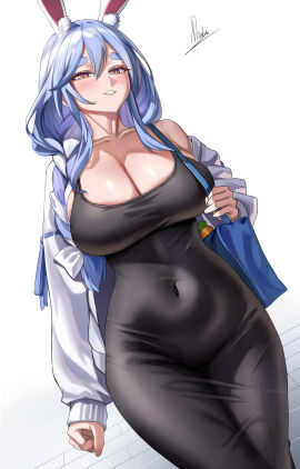 1girls 2024 2d adult adult_female amber_eyes animal_ears artist_signature bag big_breasts black_dress blue_bag blue_hair blush braid braided_hair breasts cleavage clothed clothed_female clothing collarbone commentary covered_navel dress dutch_angle english_commentary female fully_clothed hair_between_eyes highres hips hololive hololive_japan hourglass_figure kemonomimi large_breasts light-skinned_female light_skin long_hair long_sleeves looking_at_viewer makeup mature_female milf mom multicolored_hair no_sex off_shoulder pale-skinned_female pale_skin parted_lips pekomama piukute062 purple purple_eyes rabbit_ears rabbit_girl signature simple_background single_bare_shoulder slim_waist smile smiling_at_viewer standing thick_eyebrows thick_legs thick_thighs tight_clothing virtual_youtuber voluptuous voluptuous_female wavy_hair white_hair wide_hips