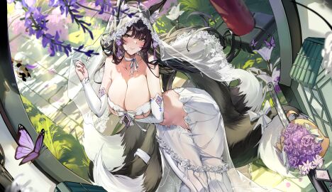 animal_ear_fluff animal_ears arm_under_breasts azur_lane bare_shoulders black_hair blush bouquet breasts bridal_veil bride bug butterfly cg choker cleavage collarbone detached_sleeves dress female flower fox_ears fox_girl fox_tail kitsune large_breasts long_hair looking_at_viewer multiple_tails musashi_(azur_lane) musashi_(purest_wisteria)_(azur_lane) navel official_alternate_costume parted_lips purple_flower revealing_clothes see-through solo tail veil very_long_hair wedding_dress yellow_eyes