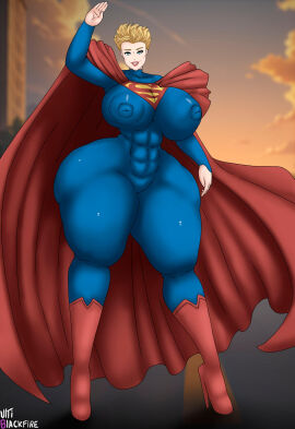 1girls ass big_breasts big_nipples blonde_hair blue_hair bodysuit breasts cape clothing curvy curvy_figure dc dc_comics female female_only gigantic_ass kara_zor-el large_ass large_breasts large_butt looking_at_viewer nipples_visible_through_clothing short_hair signature smile smiling solo solo_focus supergirl superheroine superman_(series) text thick_lips thick_thighs thighhighs ultiblackfire voluptuous wide_hips