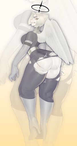 1girls 2d angel angel_wings angry ass big_ass big_breasts breasts bubble_ass bubble_butt color exposed_ass female female_only hazbin_hotel high_heel_boots high_heels knee_boots large_ass large_breasts looking_back lute_(hazbin_hotel) mr_fuga rear_view ripped_clothing ripped_pants short_hair solo thick_thighs white_hair wings yellow_eyes