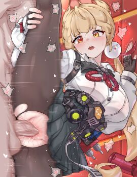 1boy 1girls :o absurdres alice_thymefield animal_ears big_breasts black_skirt blonde_hair blush breasts clothed_sex commentary_request daram_(shappydude) female fingerless_gloves gloves hand_on_own_leg heterochromia highres indoors korean_commentary large_breasts large_variant_set light-skinned_female long_hair male orange_eyes pantyhose penis pleated_skirt pussy red_eyes sex shirt skirt sphere_hair_ornament split standing standing_on_one_leg standing_sex standing_split straight sweat thrusting torn_clothes torn_pantyhose uncensored vaginal_penetration variant_set white_shirt zenless_zone_zero