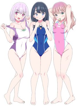 2d adjusting_hair armpits arms_up ass_visible_through_thighs bare_arms bare_legs bare_shoulders bare_thighs barefoot belly_button_visible_through_clothing big_breasts black_hair blue_one-piece_swimsuit blush body_blush breasts brown_hair cleavage closed_mouth collarbone feet female green_eyes gridman_universe groin long_hair medium_breasts minami_yume one-piece_swimsuit open_mouth pink_one-piece_swimsuit purple_eyes purple_hair red_eyes shinjou_akane sho_(shoshos_8888) short_hair smile ssss.dynazenon ssss.gridman strap_pull swimsuit swimsuit_pull tagme takarada_rikka thick_thighs thighs toes white_one-piece_swimsuit