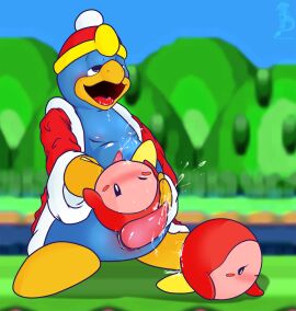 2008 anthro avian bird blue_body blush clothing digital_drawing_(artwork) digital_media_(artwork) group hat headgear headwear hi_res king_dedede kirby_(series) male mammal multicolored_body nintendo orange_body overweight penguin pink_body smile stormdragonblue waddle_dee waddling_head
