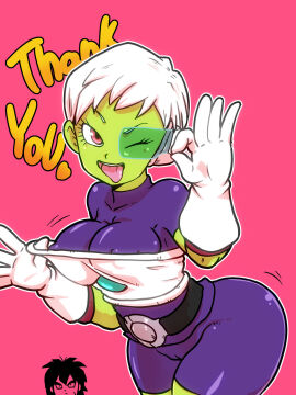 breast_squeeze breasts broly broly_(dragon_ball_super) cameltoe cheelai dragon_ball dragon_ball_super female green_body green_skin peace_sign pussy red_eyes rickert_kai scanner scouter tagme thank_you thank_you_message thick_thighs tinted_eyewear tongue tongue_out voluptuous voluptuous_female white_hair