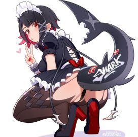 absurdres ass big_ass big_breasts big_thighs black_dress black_hair black_panties black_pantyhose bow breasts cowboy_shot dress ellen_joe female highres huge_ass huge_thighs lollipop looking_at_viewer maid maid_headdress mole mole_under_eye panties pantyhose pussy red_bow red_eyes red_fingernails revision rezodwel short_hair solo tagme tail tangni thick_hips thick_thighs thighs torn_clothes torn_clothing underwear victoria_housekeeping zenless_zone_zero