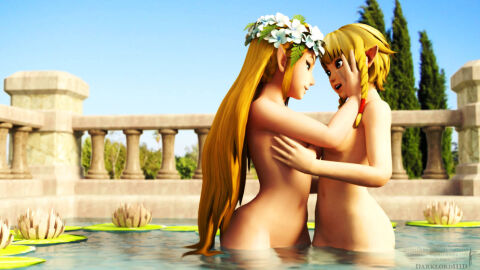 2girls 3d bathing blonde_hair breath_of_the_wild casual darklordiiid elf elf_ears elf_female elf_on_elf female hyrule_warriors hyrule_warriors_definitive_edition linkle multiple_females multiple_girls nude nude_female nudist pale_skin pointy_ears princess_zelda the_legend_of_zelda water_lily yuri zelda_(breath_of_the_wild)