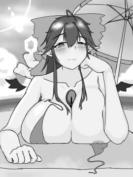 1girls almost_naked beach big_breasts black_wings blush breasts breasts_bigger_than_head crow_girl crow_wings curvy curvy_figure feet female huge_breasts long_hair no_color nude nude_female practically_nude reiuji_utsuho reiuzium09 ribbon ribbon_in_hair smile sole_female thick_thighs thighs third_eye_(touhou) touhou umbrella utsuho_reiuji visible_nipples voluptuous voluptuous_female yokai youkai