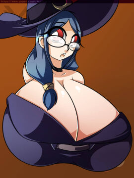 big_breasts blue_hair breasts breasts_bigger_than_head busty cleavage d-xross female glasses huge_boobs huge_breast little_witch_academia long_hair milf open_mouth pale_skin red_eyes red_hair ursula_callistis witch witch_hat