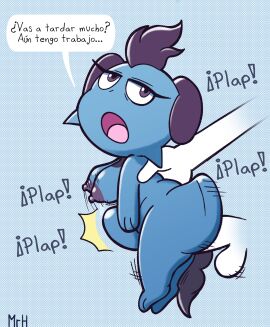 ambiguous_penetration anthro breasts depresso dialogue duo el_senor_erizo female female_penetrated fur hair hi_res humor indifferent male male/female male_penetrating male_penetrating_female multicolored_body nipples nude open_mouth pal_(species) palworld penetration penile penile_penetration penis pocketpair sex simple_background size_difference spanish_text stomach_bulge tail text two-tone_body