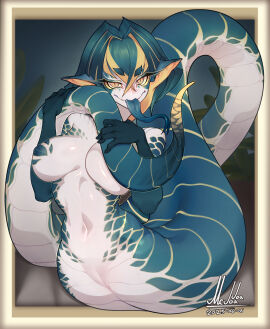 2025 absurdres artist_name blonde_hair border breasts cleavage colored_skin colored_tongue commentary completely_nude covered_nipples dated_commentary english_commentary female full_body green_hair green_skin green_tongue highres holding_own_tail indoors lamia large_breasts long_hair long_tail long_tongue mcjoajoa medium_hair monster_girl naga naughty_face navel nude original pussy slit_pupils smile solo stomach striped_skin tail tongue tongue_out underboob white_scales white_skin yellow_border yellow_eyes yellow_skin