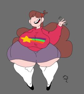 2023 2d_(artwork) ass_bigger_than_head big_breasts black_shoes braces breasts commission curvaceous_figure disney disney_channel disney_xd female female_only gravity_falls greeting_viewer hand_wave hips_wider_than_shoulders kneesocks long_hair mabel_pines open_mouth safres_0 simple_background smile solo stockings sweater thick_legs thick_thighs