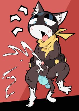 anal anal_sex anthro balls black_body blue_eyes blush bodily_fluids cum cumshot domestic_cat ejaculation felid feline felis genital_fluids genitals keeb kerchief male male_focus male_only mammal mask masturbation morgana_(persona) open_mouth penetration penis persona_(series) persona_5 raised_leg sex_toy small_penis solo solo_male tail tongue tongue_out tuxedo_cat