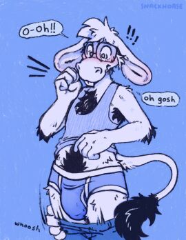 anthro armpit_hair asinus assisted_exposure big_glasses black_text blue_background blue_bottomwear blue_briefs blue_clothing blue_pants blue_shirt blue_tank_top blue_topwear blue_underwear blush body_hair bottomwear bottomwear_down briefs buckteeth bulge chest_hair clothed clothing clothing_pull dialog_balloon dialogue donkey embarrassed english_text equid equine eyewear forced_exposure forced_undressing fur glasses hairy hi_res male male_only mammal pants pants_down pantsing partially_clothed pubes shirt simple_background snackhorse solo sound_effects standing tan_body tan_fur tank_top teeth text topwear underwear undressing