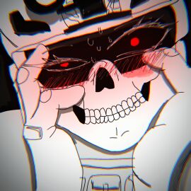 black_background blackat female female_focus female_only female_version half-closed_eyes holding_head horny horny_female looking_at_viewer rule_63 soldier white_body white_shirt white_skin