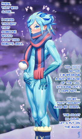 anthro blue_eyes blue_hair bulge_rubbing clothing duo eeveelution english_text generation_4_pokemon glaceon glacier hair human latex latex_transformation male male/male mammal mountain nintendo omoi penis pokeball pokemon pokemon_(species) rubbing_penis scarf skinsuit solo suit_transformation text tight_clothing topwear transformation winter yellow_eyes