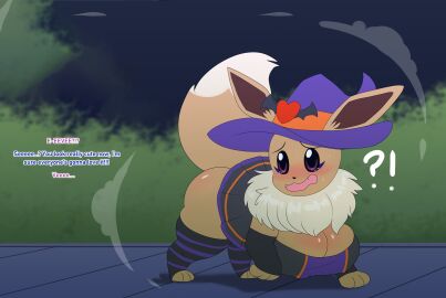 2024 absurd_res big_breasts blush breast_growth breasts brown_body brown_fur busty_feral clothing dialogue digital_media_(artwork) dress eevee english_text female feral flybeeth fur gender_transformation generation_1_pokemon growth hat headgear headwear hi_res human human_to_feral interrobang legwear looking_at_viewer male mammal mtf_transformation night nintendo nipple_outline offscreen_character open_mouth outside pattern_clothing pattern_legwear pattern_stockings plant pokemon pokemon_(species) pokemon_speak solo species_transformation stockings striped_clothing striped_legwear striped_stockings stripes surprised tail tail_growth text transformation witch_hat