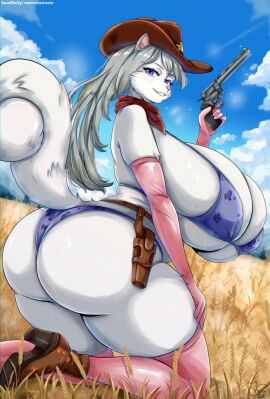 anthro ass ass_focus big_ass big_breasts big_butt bikini breasts butt_focus clothing cloud cowboy_boots cowboy_hat curvy_figure ear_piercing ear_ring eyeshadow female fullcolor furry furry_breasts furry_only glistening glistening_body glistening_breasts glistening_butt gloves hair high_heels huge_ass huge_breasts huge_butt huge_hips hyper hyper_ass hyper_breasts hyper_butt hyper_hips jewelry long_hair looking_at_viewer makeup meowtat outside overweight overweight_female panties piercing plump_labia ring_piercing sheriff sky smile solo stockings tail thick_thighs tree underwear wide_hips