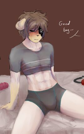 aged_up bear_boy bear_ears bi_mosquito black_eyes black_shirt blue_eyes bottomless bottomwear brown_hair bulge cassidy_(fnaf) crying_child_(fnaf) embarrassed female five_nights_at_freddy's good_boy looking_down male male/female male_bottom male_focus male_only midriff muscles muscular muscular_male short_sleeves striped_shirt