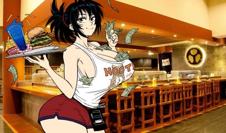 1girls absurdres bb_(baalbuddy) between_breasts breasts burger cleavage curvy female female_focus food french_fries highres hooters hooters_uniform hourglass_figure huge_breasts light-skinned_female light_skin manyuu_chifusa manyuu_hikenchou medium_hair money no_bra ponytail short_shorts shorts sideboob simple_background solo thick_thighs thighs wide_hips