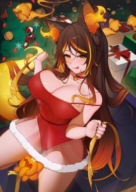 :p bell_collar big_breasts breasts christmas christmas_dress christmas_outfit christmas_tree collarbone dress female greatodoggo hellhound indie_virtual_youtuber light_blush looking_at_viewer orange_eyes see-through see-through_clothing sinder_(vtuber) skirt sticking_out_tongue thick_thighs thighs tongue tongue_out virtual_youtuber wide_hips wolf wolf_ears wolf_girl wolf_tail