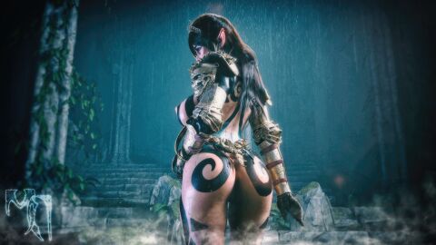 1girls 3d absurd_res absurdres armor ass big_breasts black_hair body_paint bottomless breasts detailed_background female female_focus female_only hi_res high_resolution highres large_ass large_breasts mordol nada_(mordol) original original_character pointy_ears solo solo_focus topless wide_hips