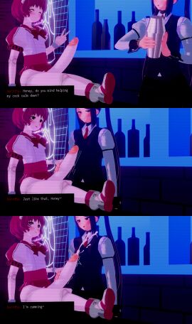 1futa 1girls 3d blush bottomless cum cumming cumshot dialogue dorothy_haze ejaculation erection eyes_rolling_back female futa_on_female futanari gritted_teeth half-closed_eyes handjob huge_cock intersex julianne_stingray koikatsu light-skinned_female light_skin motion_lines open_mouth pale-skinned_futa pale_skin partially_clothed penis sitting spiritofrei tagme teeth_clenched text va-11_hall-a younger_futa