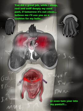 absurd_res after_sex anal anthro anus ass balls balls_tuft bodily_fluids bound cum cum_in_ass cum_inside dialogue duo futanari gaping gaping_anus genital_fluids hi_res hoyt_keylee intersex intersex/male male male_focus panties_on_face speech_bubble sweat sweaty_ass sweaty_butt through_wall tuft