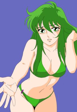 1980s_(style) 1girls 2025 2d 2d_(artwork) adjusting_hair bikini blue_background female female_only green_eyes green_hair heroine human italian_female ophiuchus_shaina reaching_out reaching_towards_viewer realistic_proportions retro_artstyle saint_seiya sexy shounen_jump shueisha silver_saints simple_background toei_animation weekly_shonen_jump weekly_shounen_jump