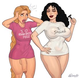 1futa 1girls big_breasts big_lips black_hair blonde_hair bottomless bottomless_female breasts clothed clothing disney disney_princess female flaccid foreskin futa_with_female futanari green_eyes half-erect human humor intersex light-skinned_female light-skinned_futa light_skin matching_outfit mature_female meme milf mother_gothel nipple_bulge partially_clothed penis pussy rapunzel red_lipstick rocner shaved_pussy shirt_only standing tangled topwear_only uncircumcised uncut veiny_penis yiiking_out