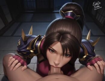 1boy 1girls ai_generated animated blowjob bodysuit breasts brown_eyes eidedodidei fingerless_gloves indoors no_sound oral oral_sex penis penis_in_mouth ponytail pov pov_eye_contact self_upload shorter_than_10_seconds soul_calibur soul_calibur_iv straight tagme taki testicles video
