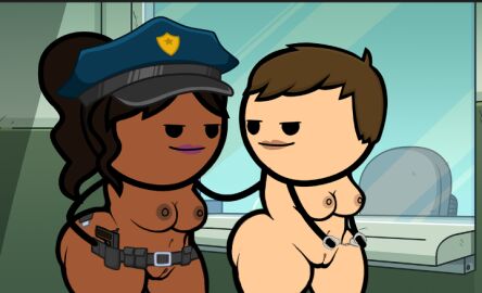 african_female arrested belly_button belt black_eyes black_female black_limbs breasts brown brown_areola brown_hair cartoon casual cyanide_and_happiness dark_brown_eyes dark_skin edited edited_image female female_focus female_only female_prisoner firearm fully_nude glass_window hand_on_shoulder handcuffed handgun human humanoid jail japansadface lips medium_breasts no_clothes pale_skin police_hat policewoman pony prisoner purple_lips relaxed_expression removing_belt short_hair smirking_at_another tactical_nudity weapon white_female wide_hips