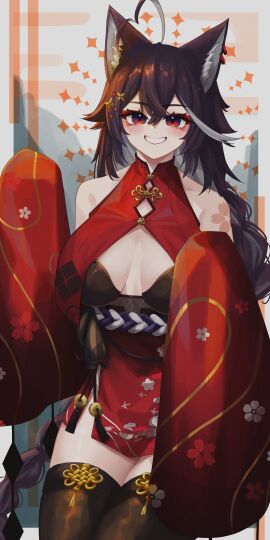 1girls ahoge animal_ear_fluff animal_ears bangs bare_shoulders black_hair black_legwear blush braid breasts brown_hair cowboy_shot dress female grin japanese_clothes kimono long_hair looking_at_viewer mixed_hair_color momotexx_(vtuber) multicolored_hair red_eyes red_hair single_braid sleeves_past_wrists smile solo sparkle star_(symbol) streaked_hair tail thighhighs virtual_youtuber vtuber vyugen wide_sleeves wolf_ears wolf_girl