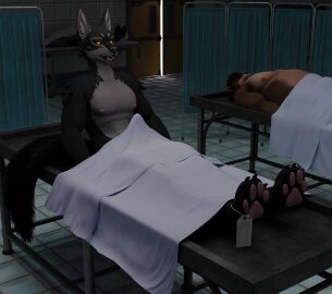 anthro bear bed_sheet bedding canid canine canis claws corpse death erection feet fluffy fluffy_tail furniture hair hi_res lies live lying male mammal morgue muscular night nipples open_door open_mouth ossiriss overweight overweight_male pawpads paws scary sitting table tail toes wolf yellow_eyes