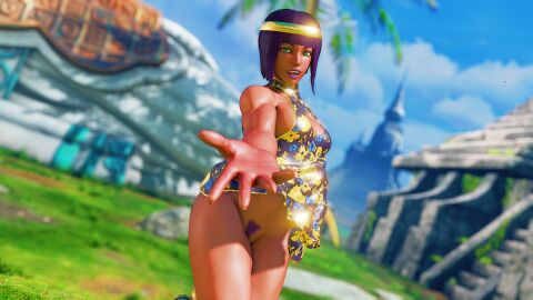3d adnarimydeth ass breasts bubble_ass bubble_butt busty capcom dress egyptian egyptian_female female female_focus female_only going_commando hourglass_figure menat_(street_fighter) no_panties purple_hair short_hair street_fighter street_fighter_v tagme wide_hips