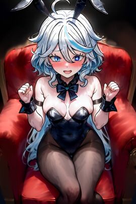 blue_eyes blue_hair blush bunnysuit female female_only furina_(genshin_impact) genshin_impact highres playboy_bunny sitting